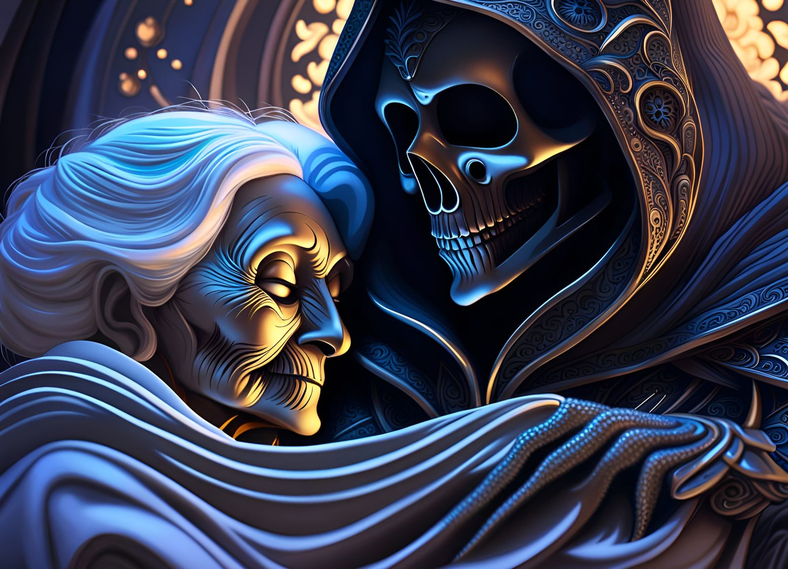 Touching Sci-Fi Portrait: Grim Reaper's Gentle Embrace