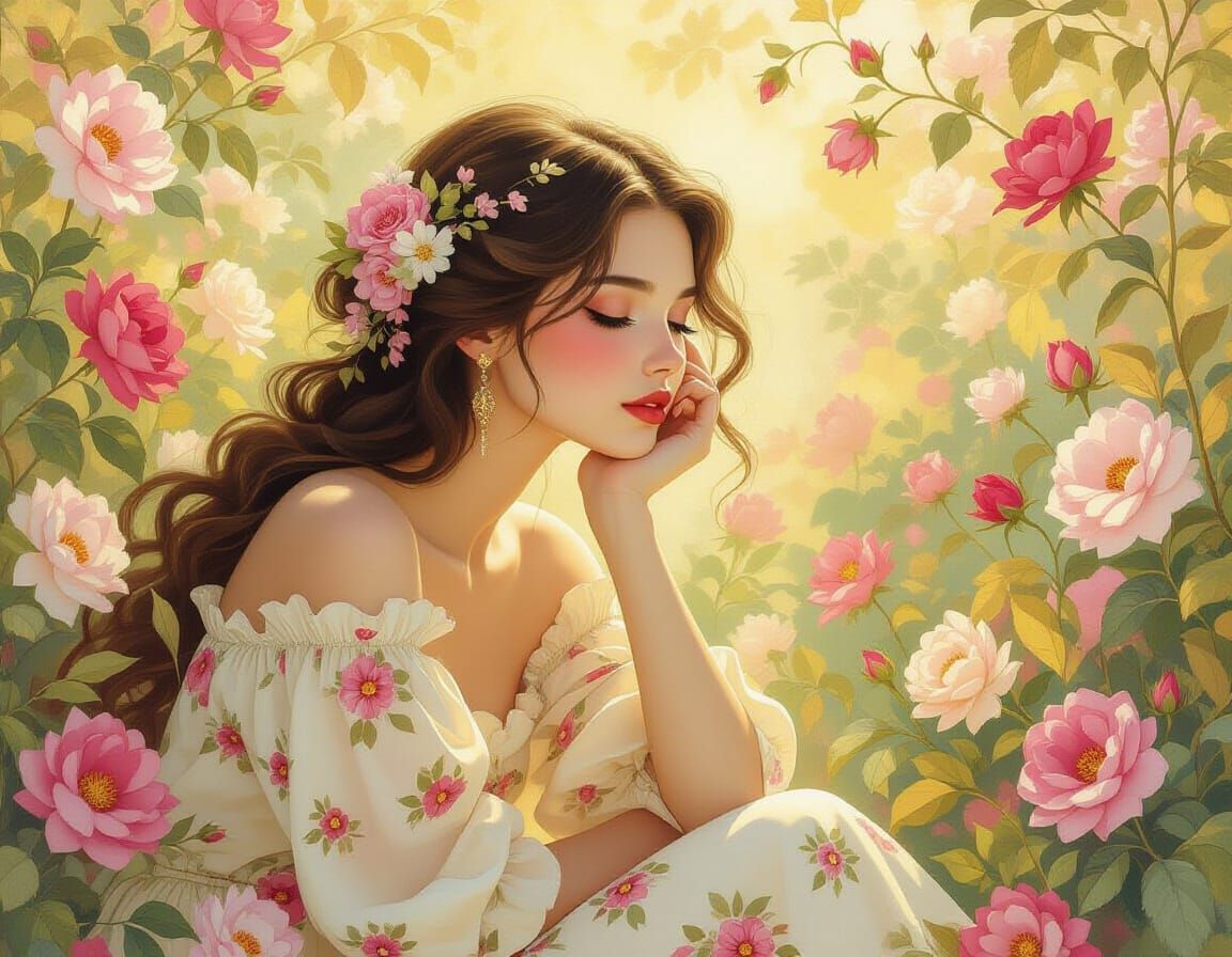 Woman in Floral Dreamscape: A Romantic Fantasy