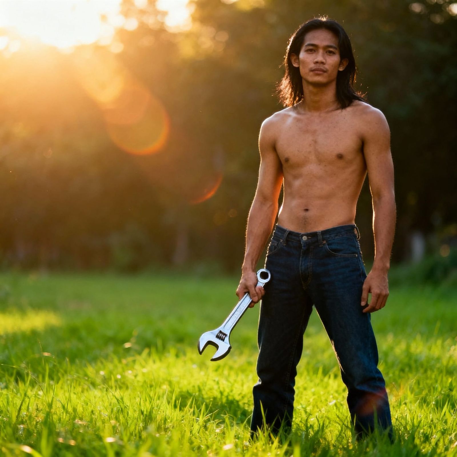 Thai Man with Wrench in Golden Hour Sunlight