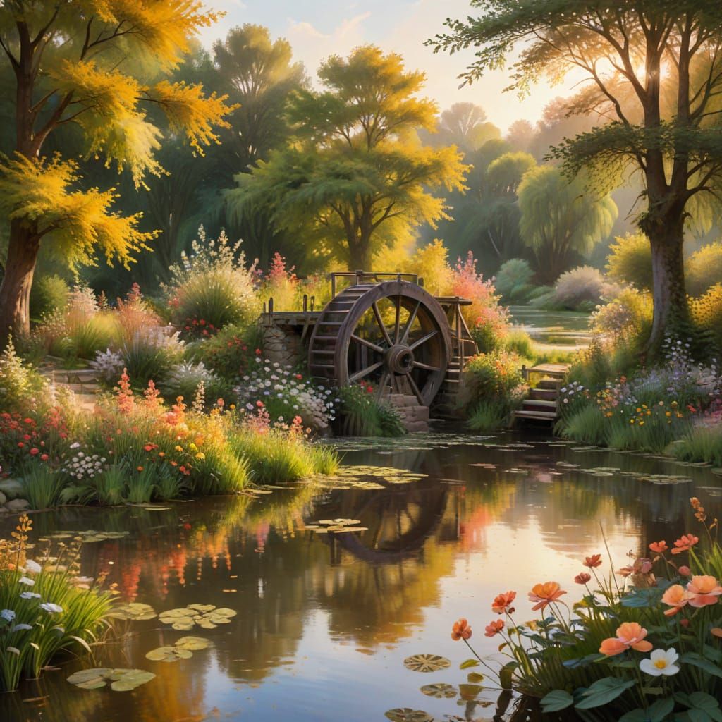 Waterwheel at Millpond: An Impressionistic Spring Landscape