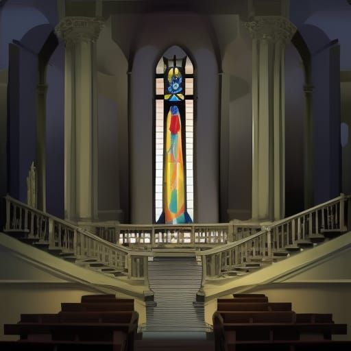 Grand Cathedral Staircase: Vibrant Digital Illustration