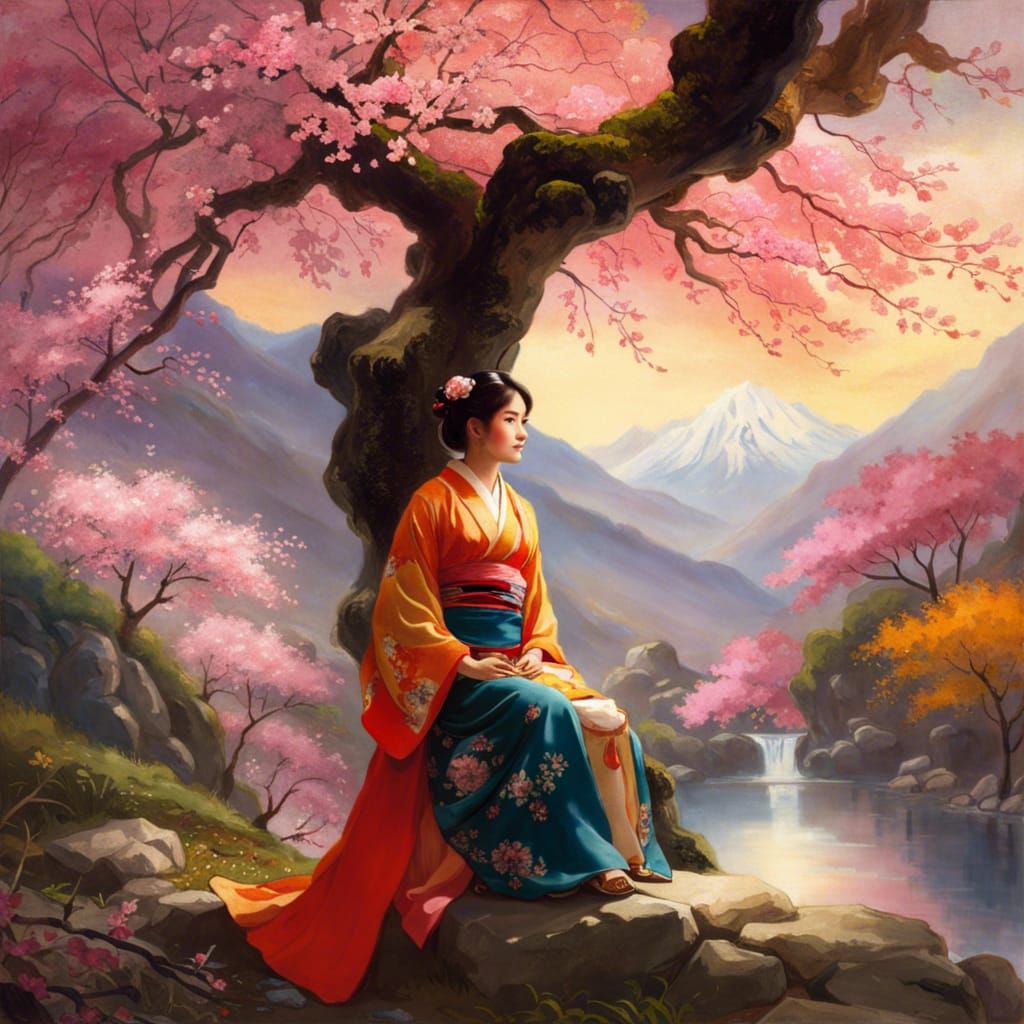 Japanese Maiden Under Sakura Tree in Romantic Style