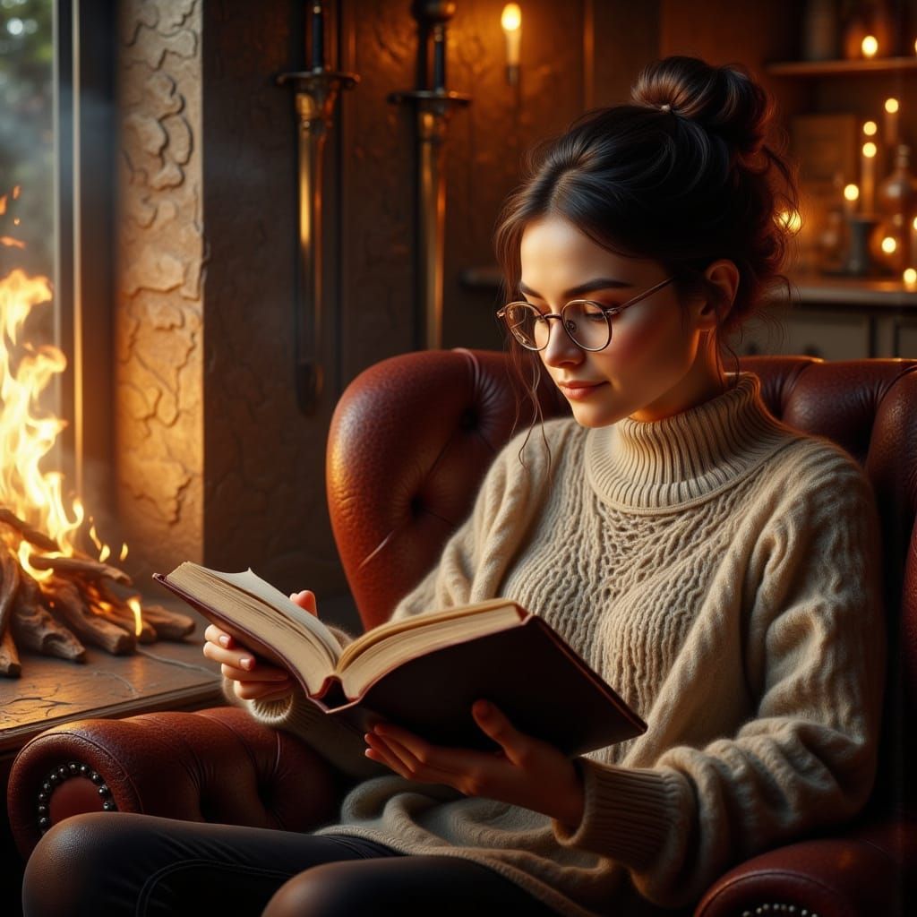 Teacher Reading by Fireplace in Ethereal Fantasy Style