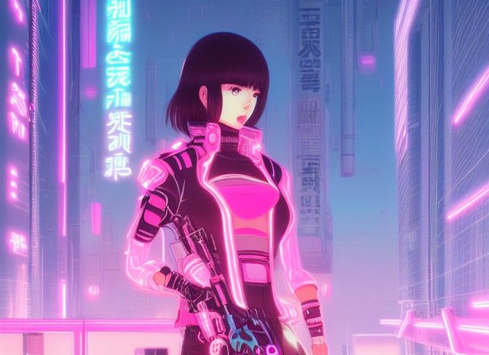 Cyberpunk Anime Cop on Tokyo Rooftop
