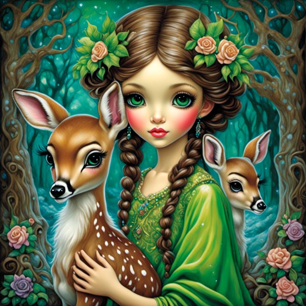 Girl with Doe Eyes in Snowy Woods, Ethereal Illustration