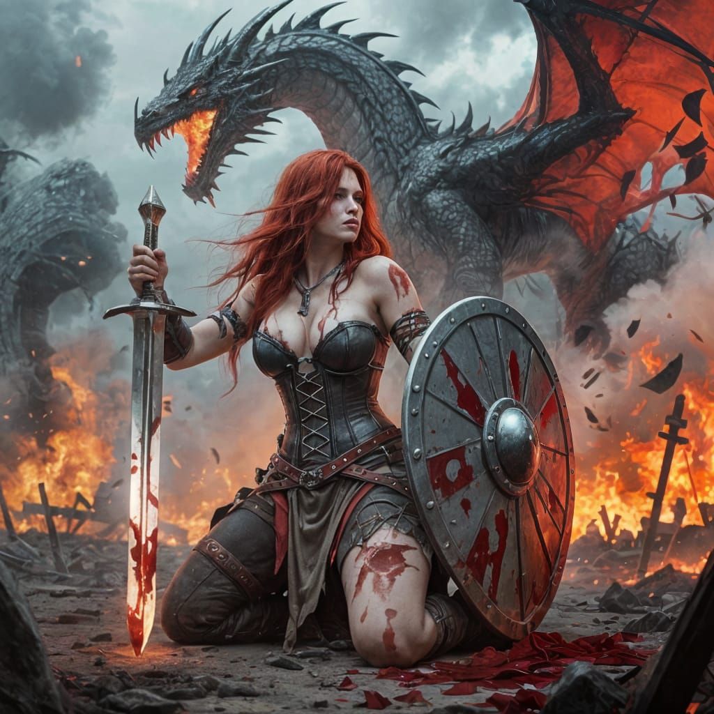Irish Shieldmaiden on Battlefield with Dragon