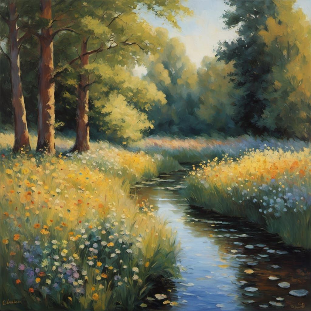 Golden Meadow with Wildflowers in Impressionist Style