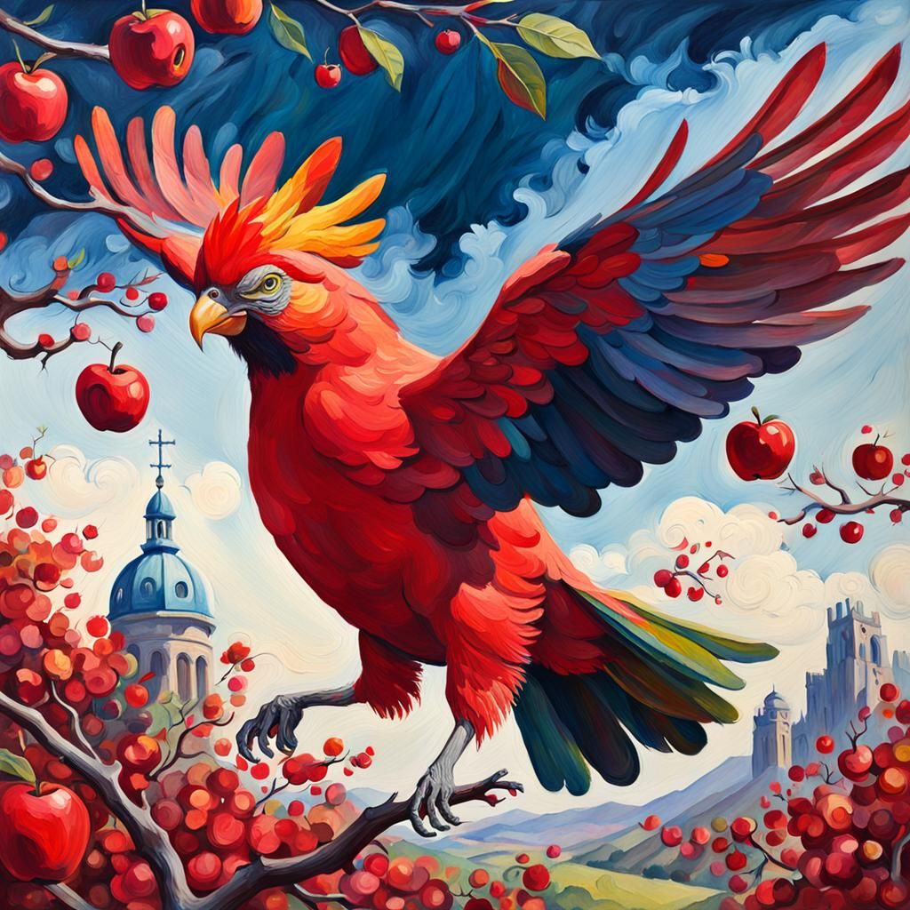 Flying Red Apple in Gouache Watercolor Style