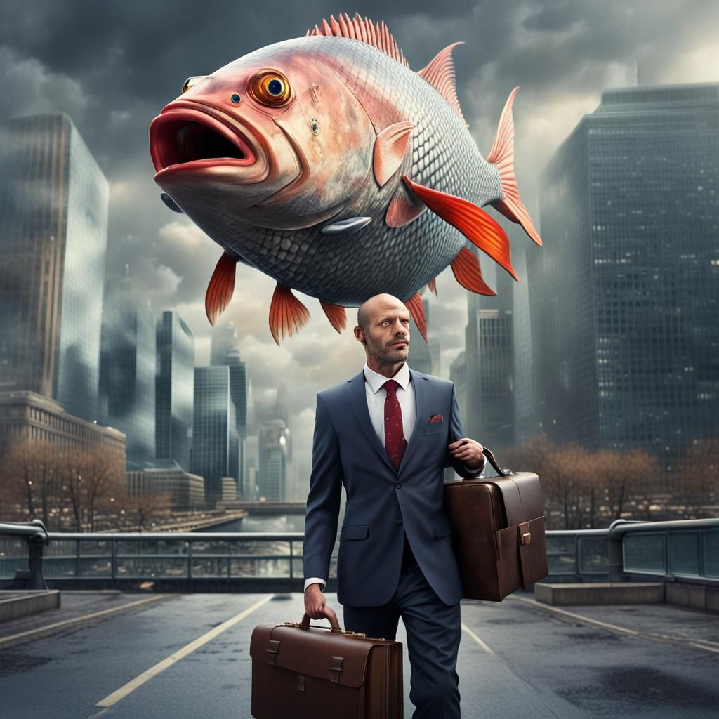 Fish-Headed Man Commutes in a Cityscape