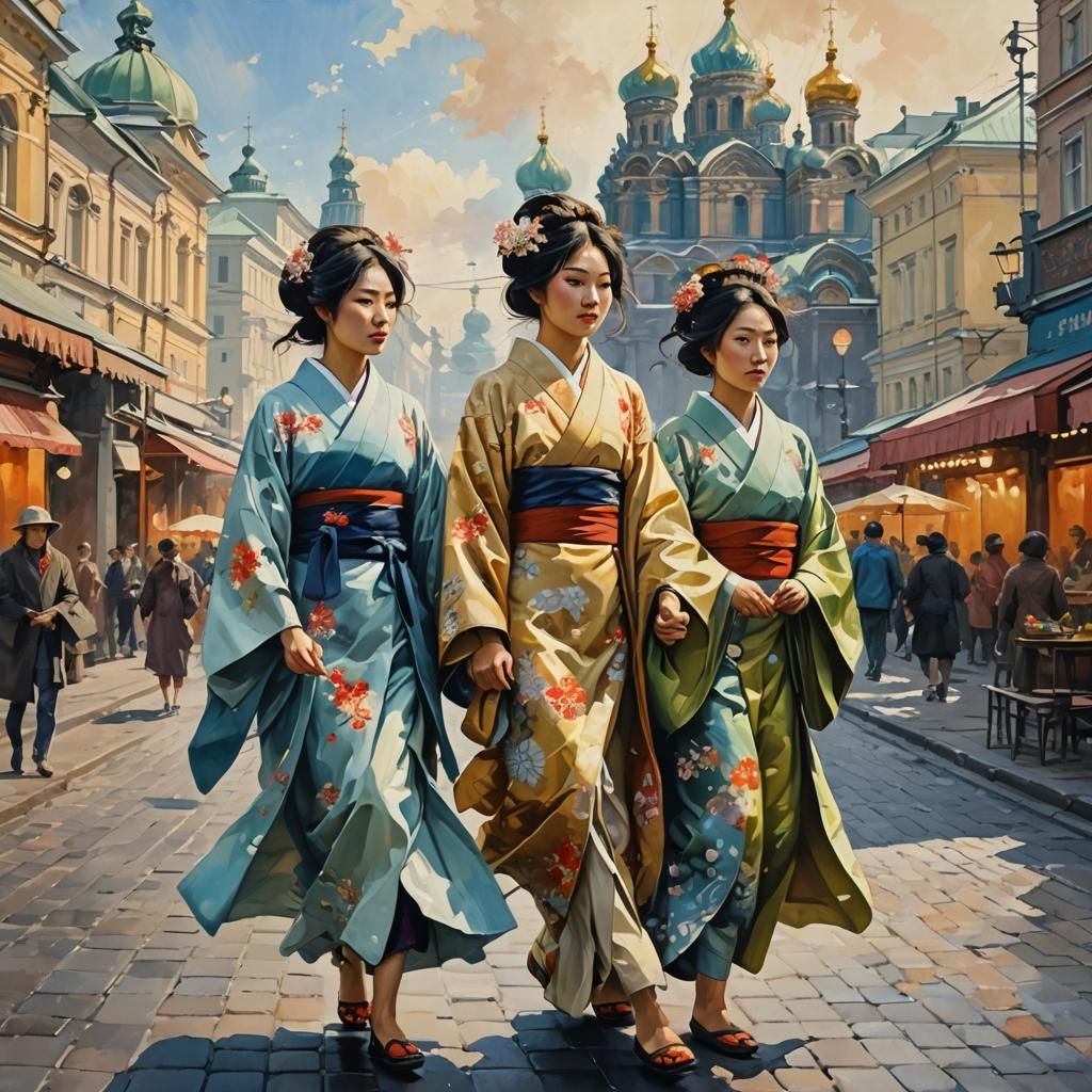 Japanese Women Walking in St. Petersburg: Fantasy Painting