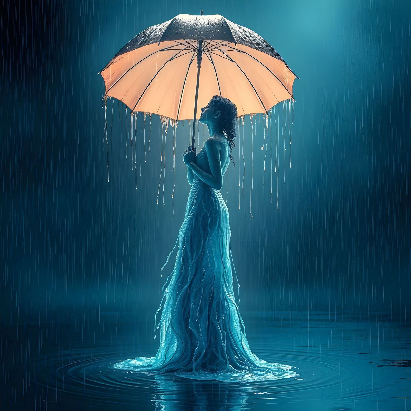 Ethereal Water Woman in Melancholic Rainstorm