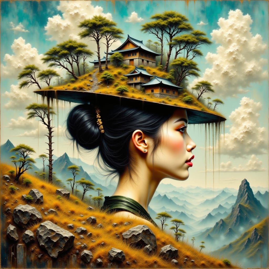 Surreal Portrait with Oriental Landscape Hat