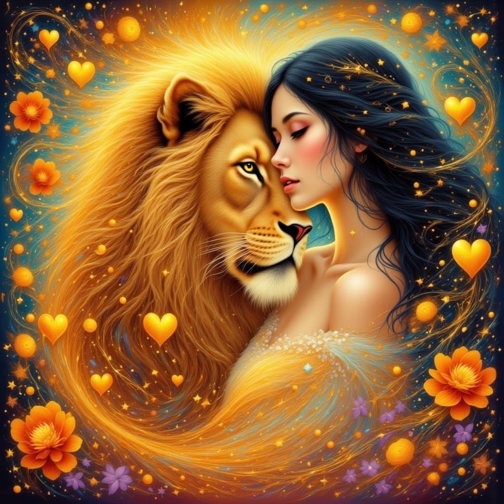 Majestic Lion and Woman in Art Nouveau Style