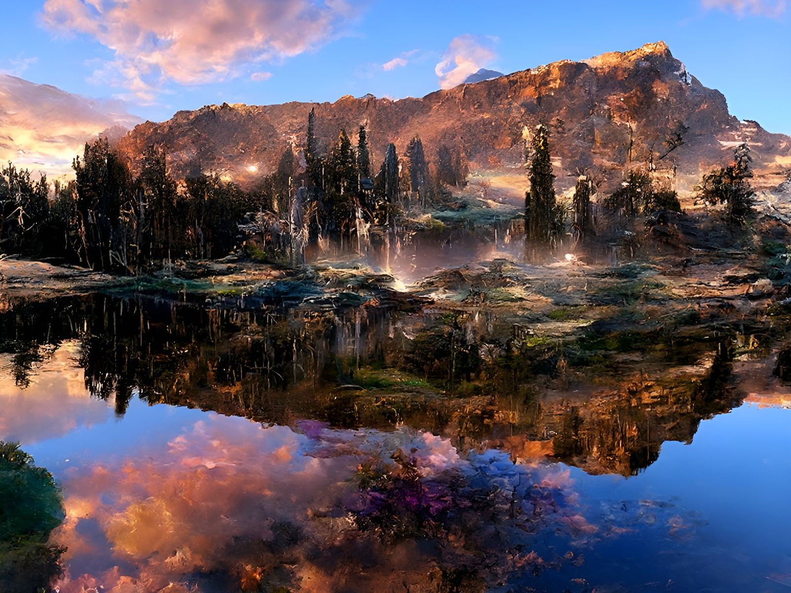 Luminous Lake in Magical Fantasy Landscape