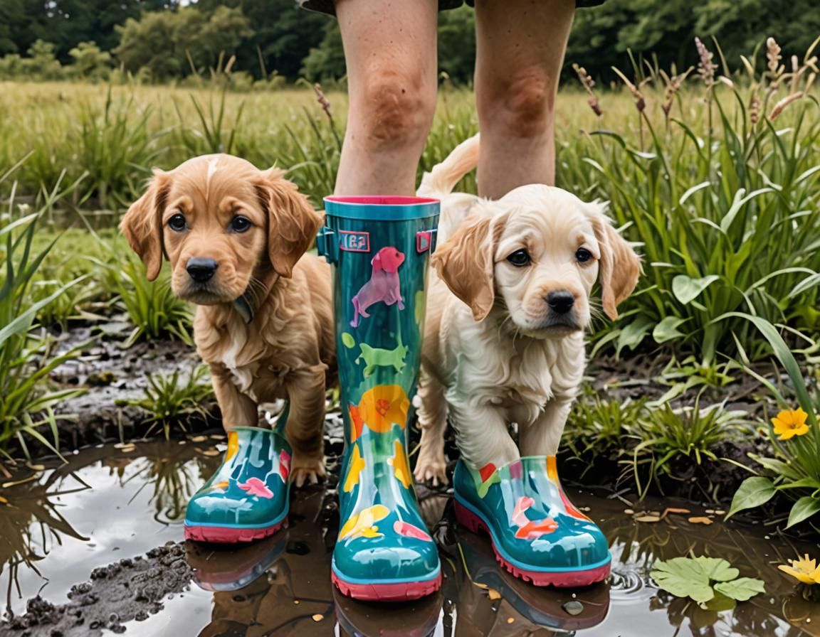 Colorful Jelly Wellies Guarded by Puppy