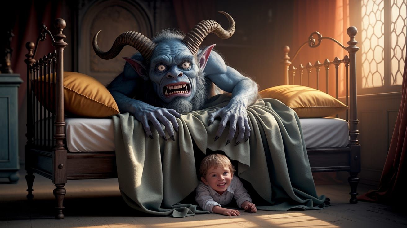 Grotesque Monster Petrified on Ornate Bed