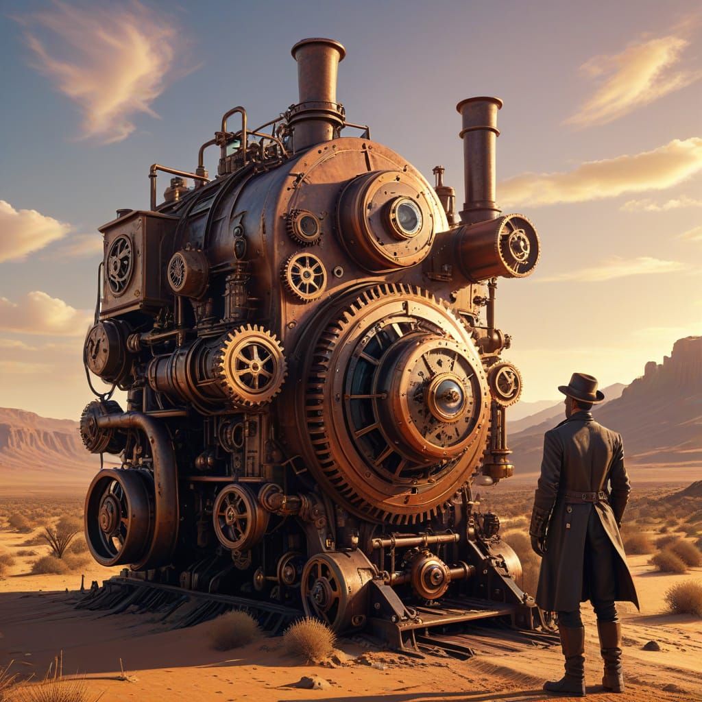 Steampunk Traveler in Desert Landscape: Sci-Fi Art