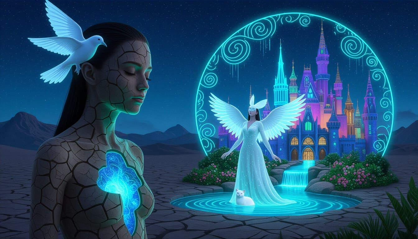 Bioluminescent Oasis Figure in Neon Mirage