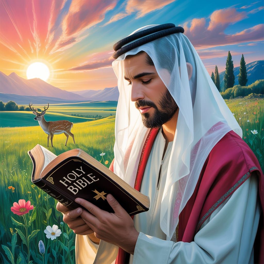Man Reads Bible in Meadow: Hyperrealistic Digital Art