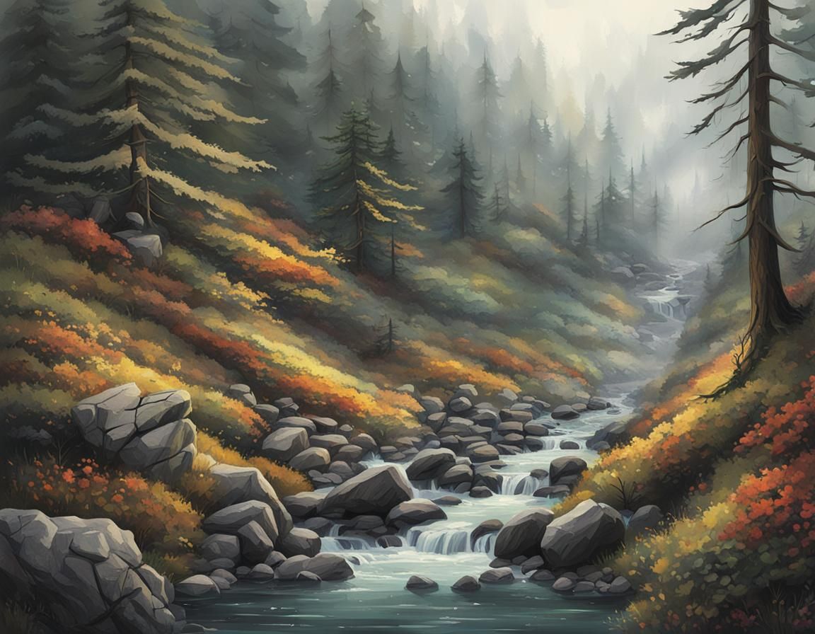 Misty Mountain Range with Whispering Brook