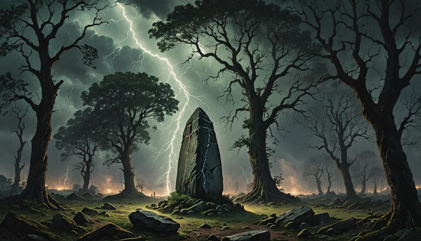 Menhir in Sinister Wood During Thunderstorm: Hyperrealistic ...