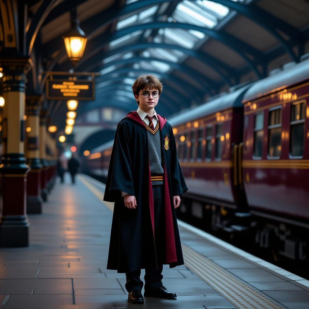 Harry Potter at Platform 9¾: Hyperrealistic Style