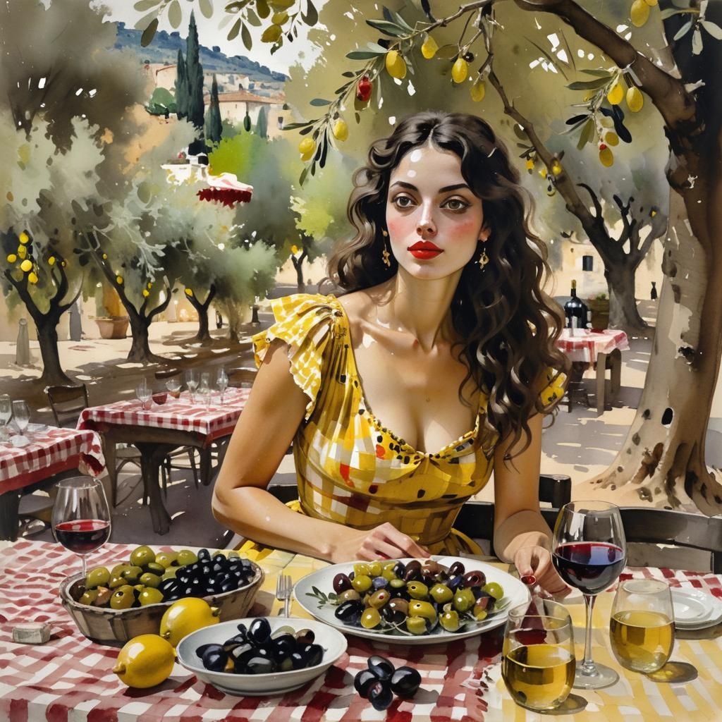 Italian Woman with Wine: Watercolor Painting