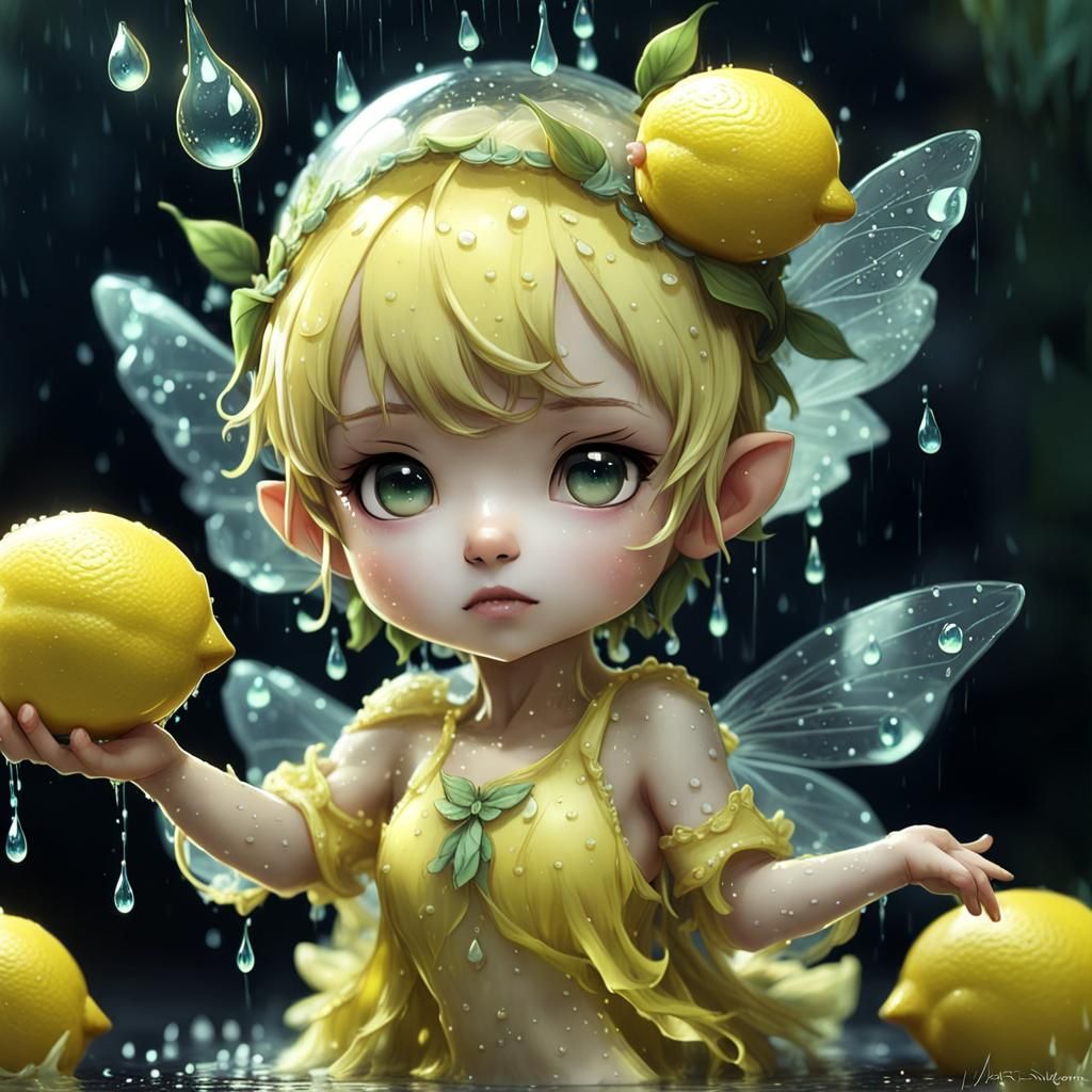 Whimsical Chibi Lemon Fairy with Water Droplets