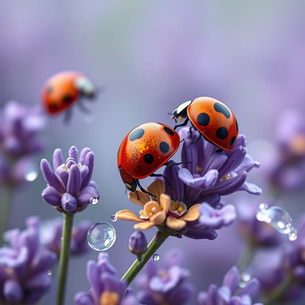 Vibrant Ladybugs Amidst Lavender Blooms in Dreamy Morning De...