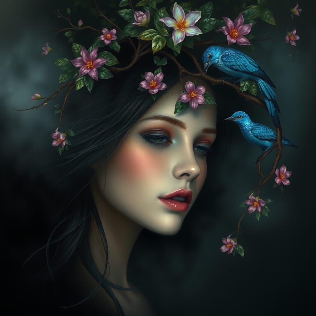 Ethereal Woman Portrait with Flora and Bird