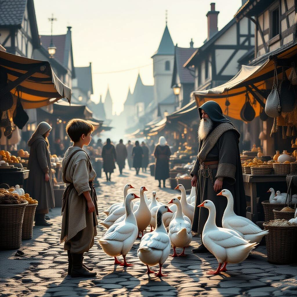 Boy Watches Goose Shepherd in Medieval Market