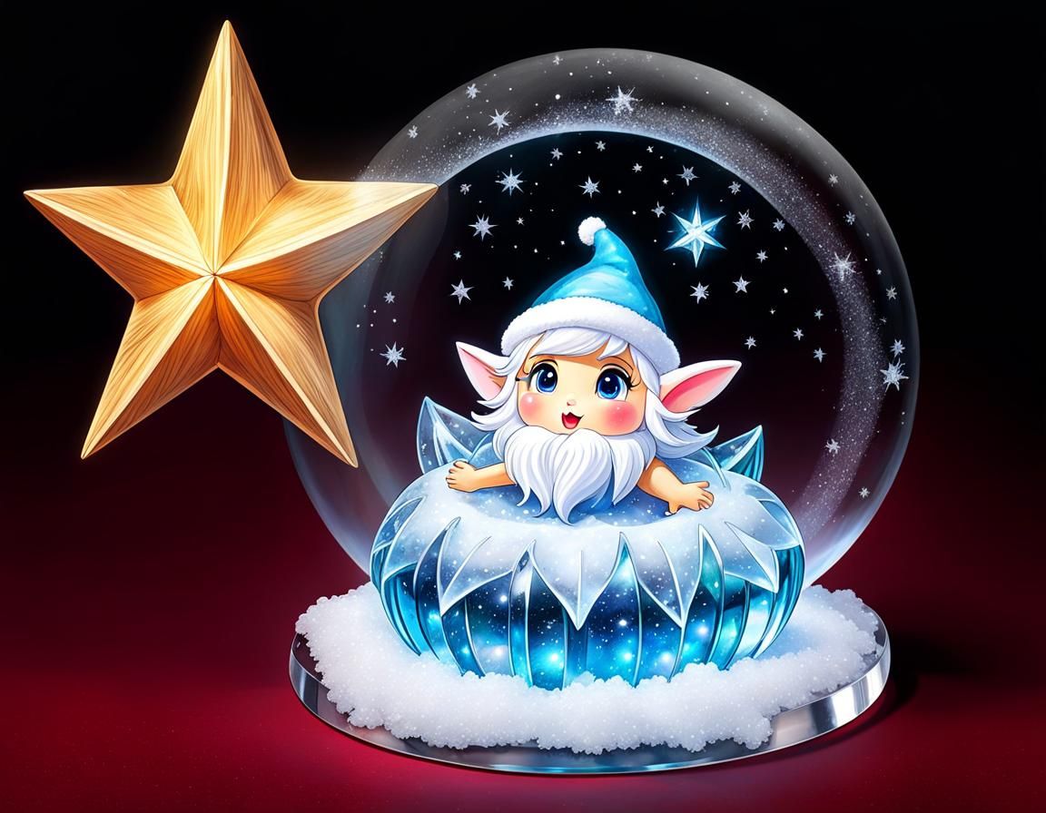 Adorable Snow Elf Gazing at Ice Star, Colored Pencil Art