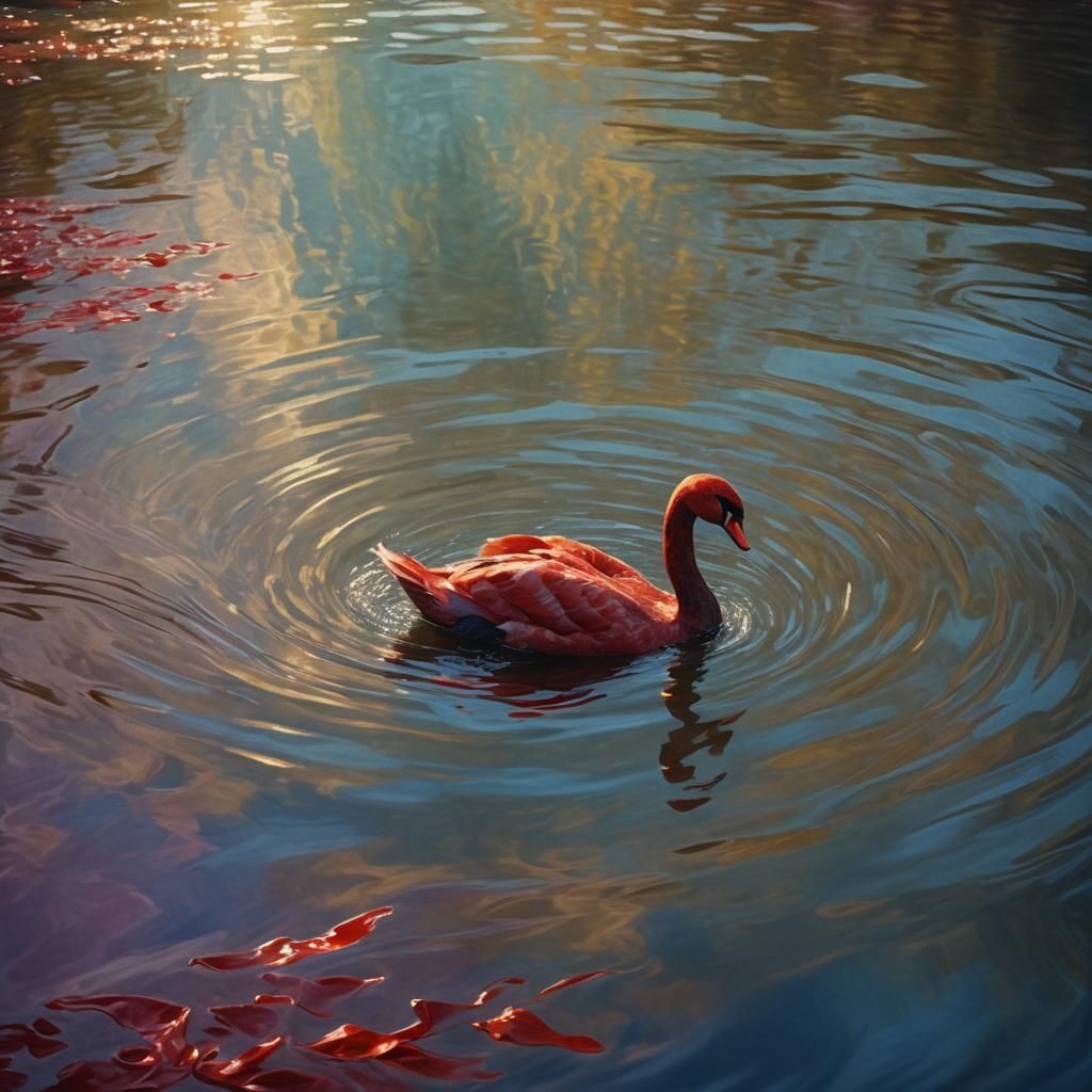 Red Swan on River in Impressionistic Style