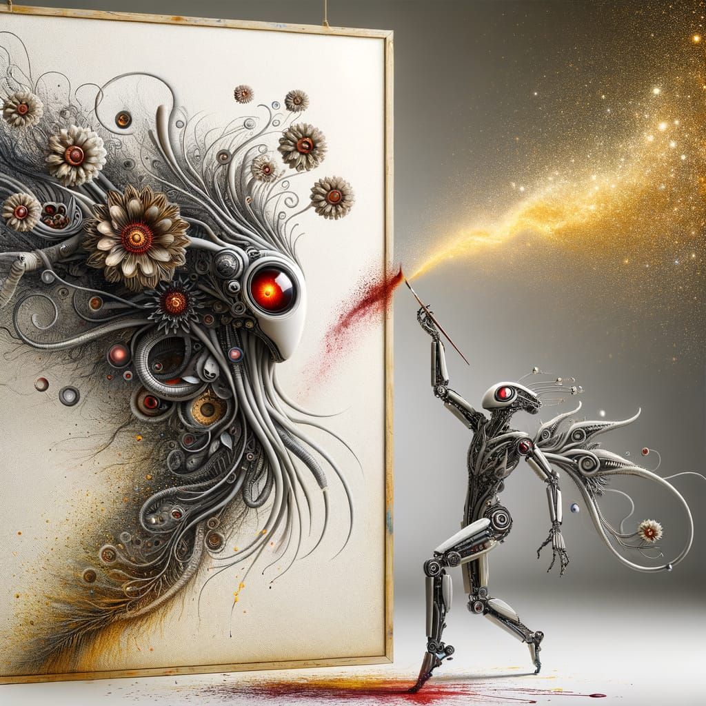 Surreal Alien Creature Emerges from Vibrant Abstract Art