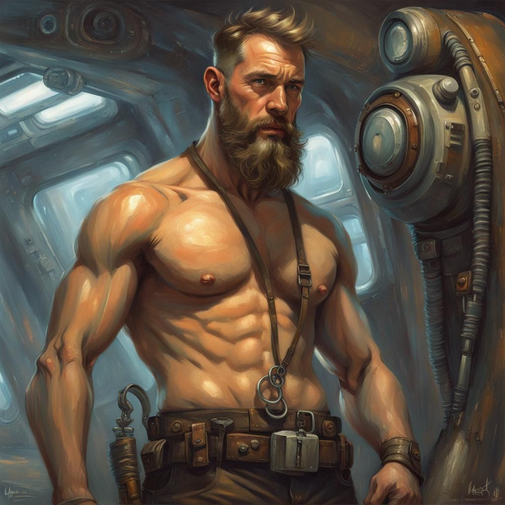 Shirtless Mechanic in Sci-Fi Dieselpunk Style