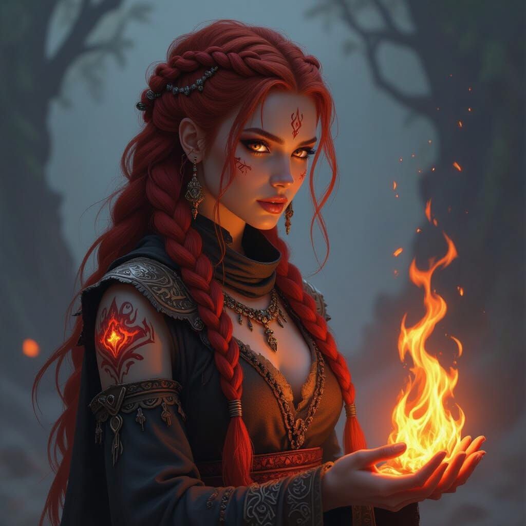 Flame-Haired Dwarf Shaman in Dark Fantasy Style