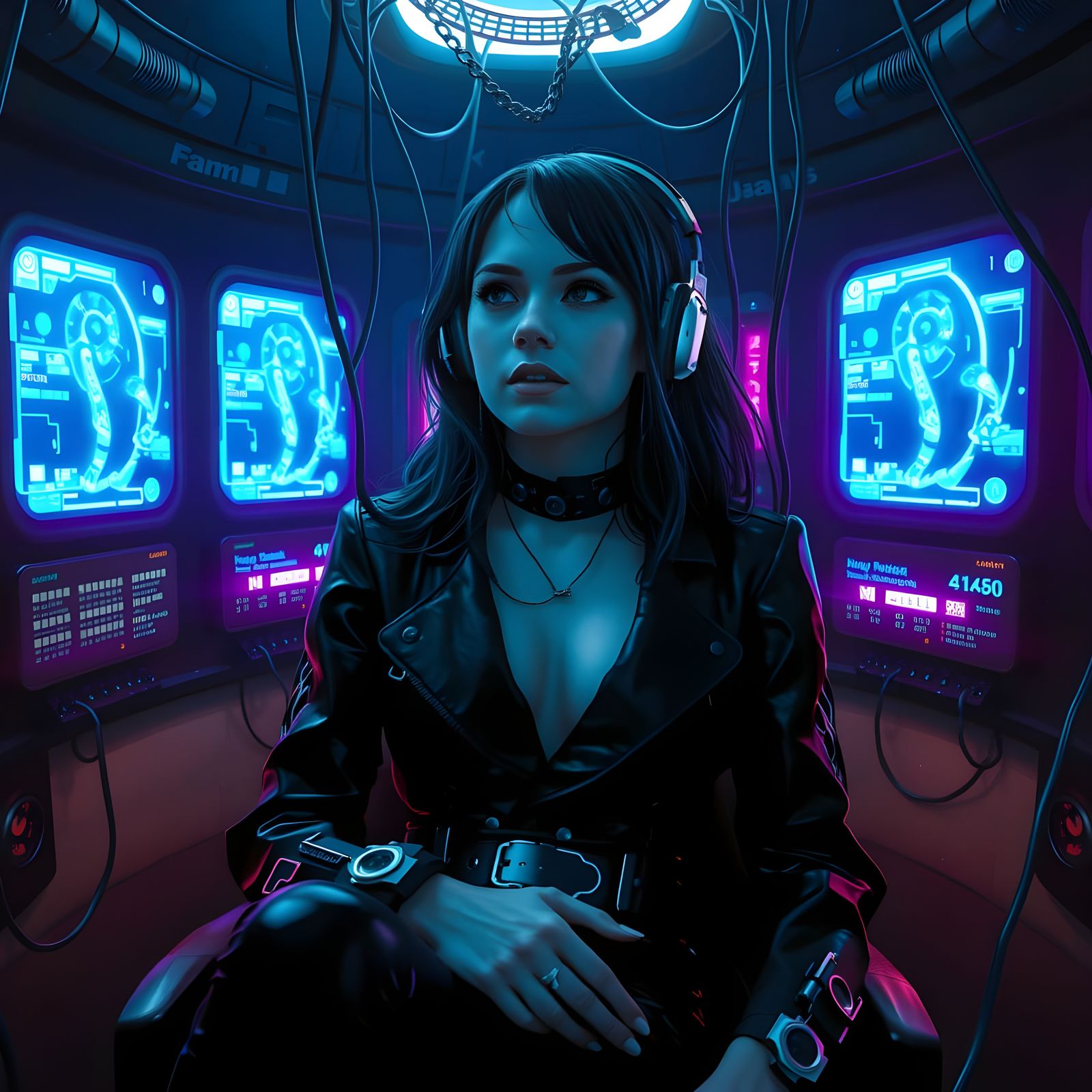 Surreal Cyberpunk Hypnosis Scene in Dark Digital Art Style