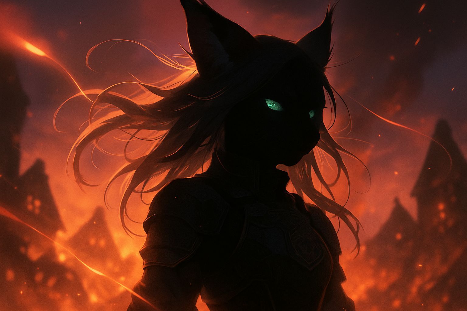 Sinister Caracal Silhouette in Burning Village, Anime Fusion