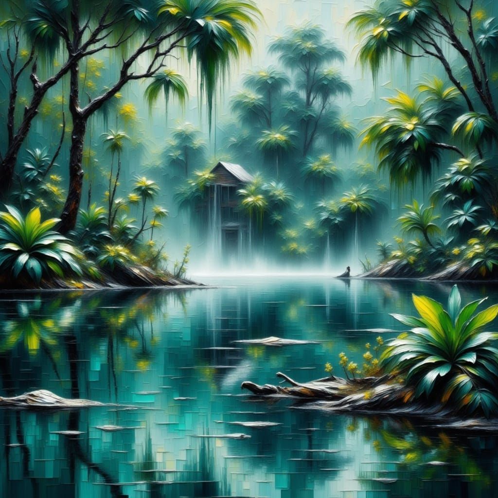 Lush Rainforest Lagoon in Textured Oil Impasto Style