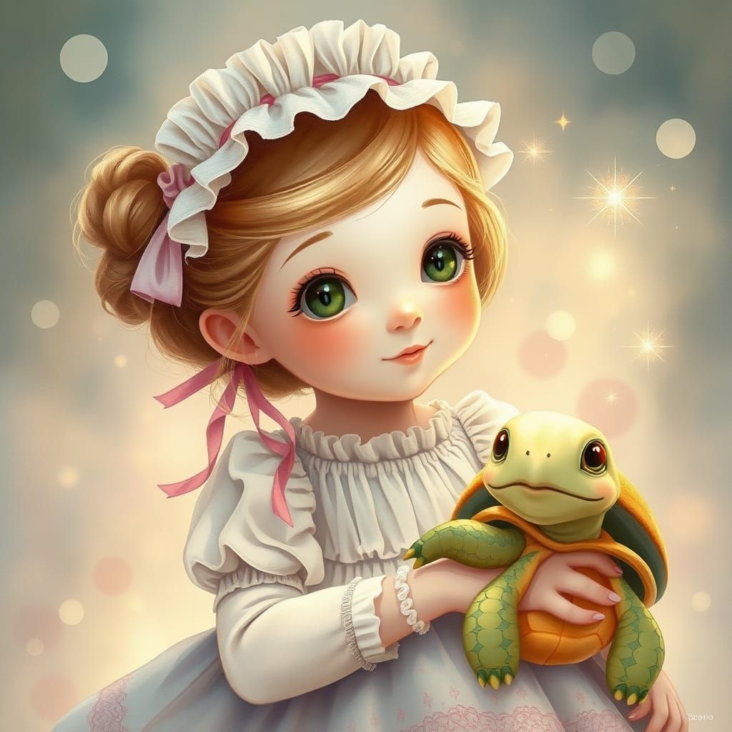 Enchanted Watercolor Fantasy: Whimsical Girl and Turtle in D...
