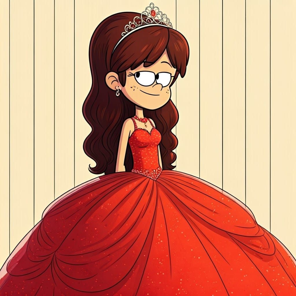 Imagine Lynn Loud from The Loud House as a beautiful quinceanera model with with her hair down wearing a red sleeveless ...