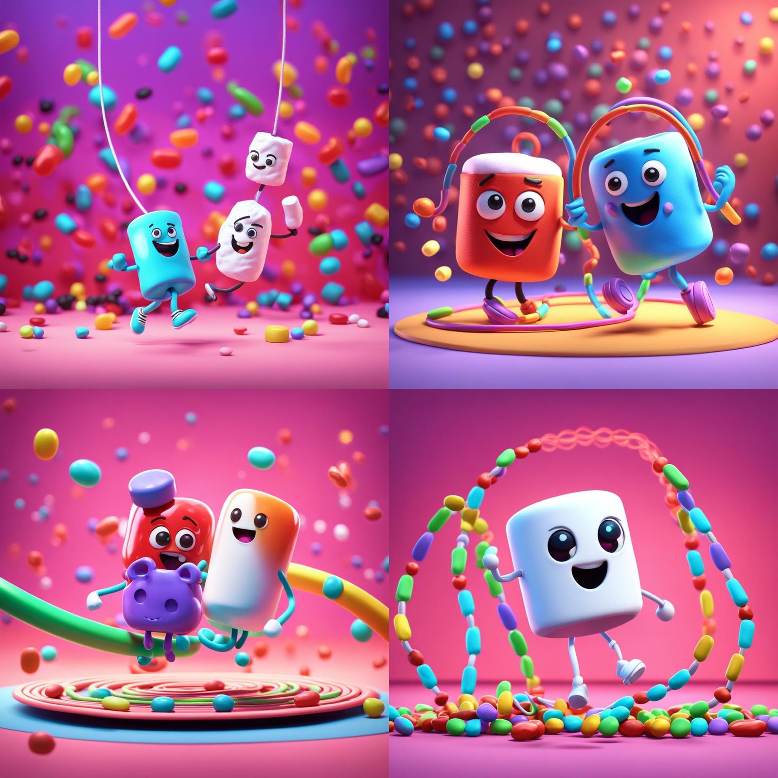 Marshmallow and Jellybean Jump Rope: Pixar-Style 3D Art