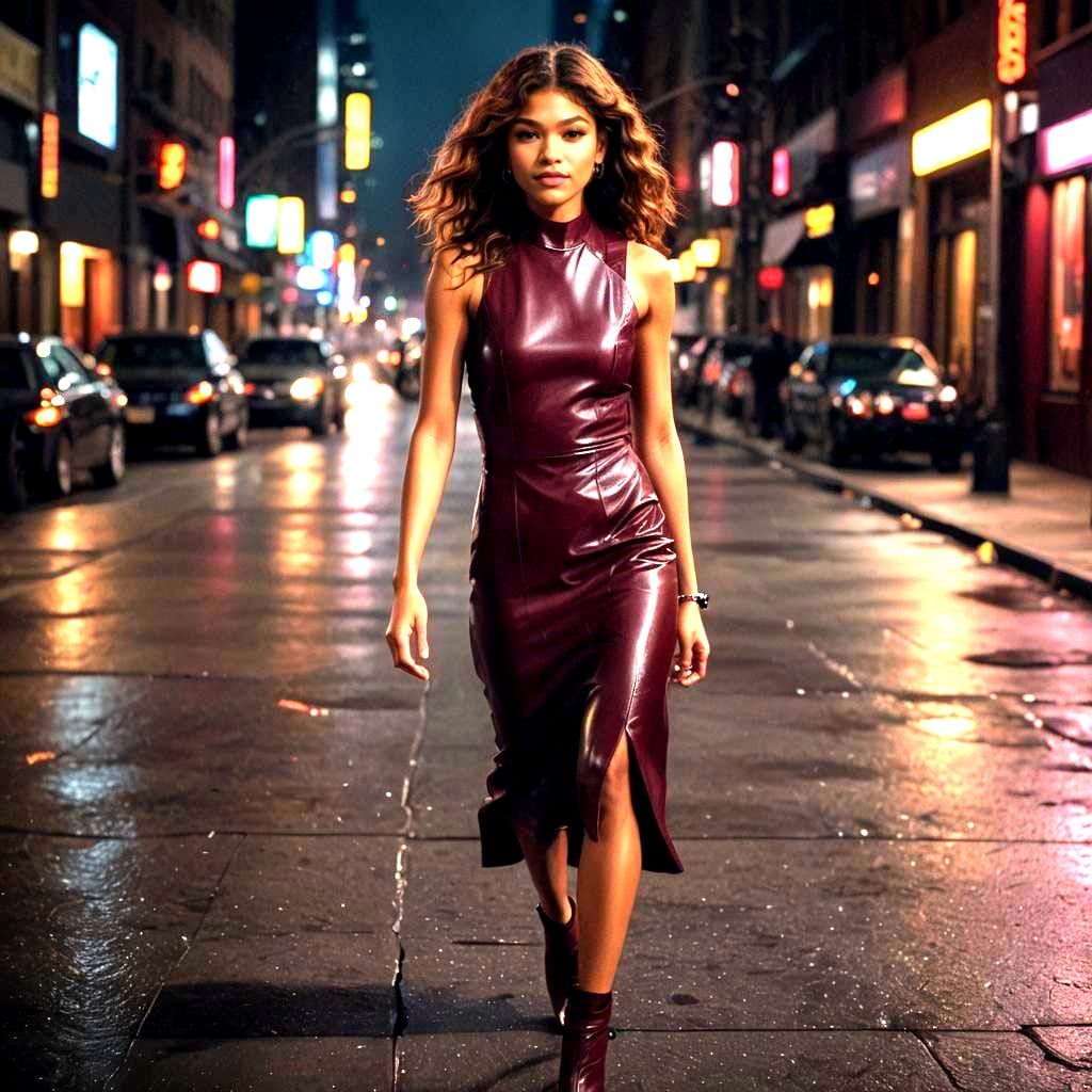 Burgundy Dress in Manhattan at Night