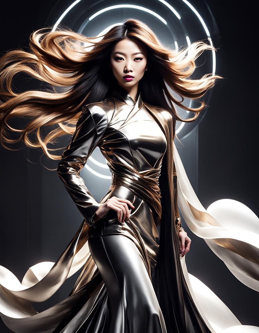 Glamorous East Asian Woman in Futuristic Studio