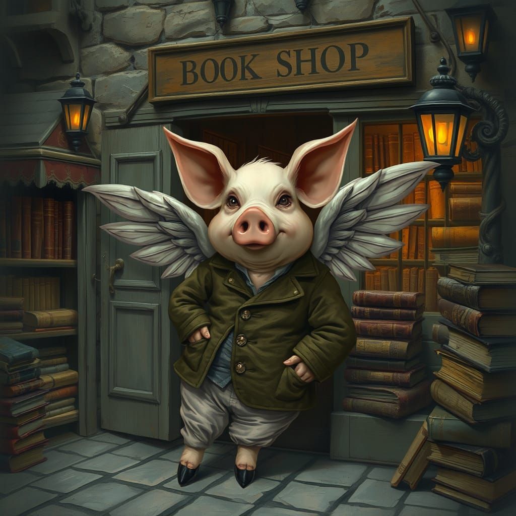 Winged Pig Man Outside Mystical Bookshop