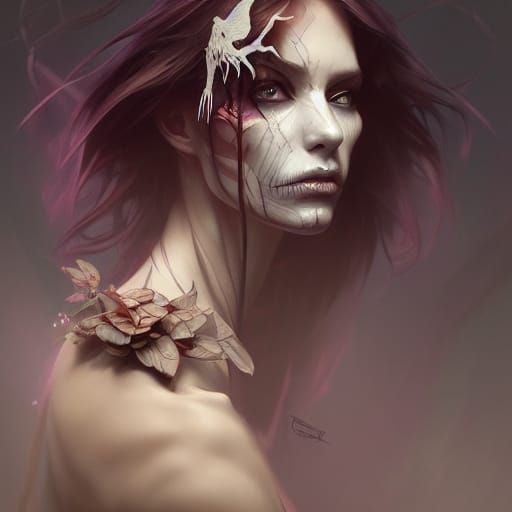 Detailed Skeletal Fairy Portrait in Art Nouveau Style