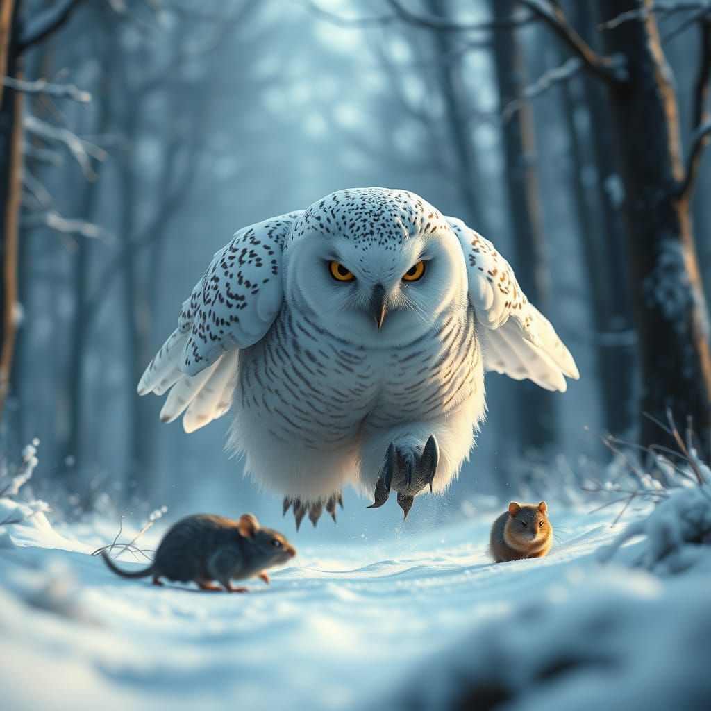 Snow Owl Hunts Mouse in Mystical Forest