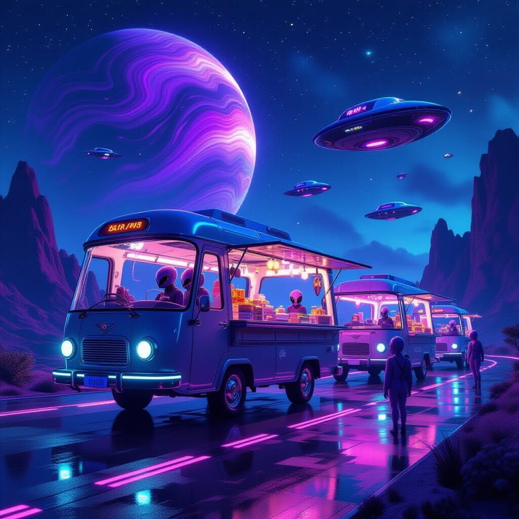 Neon Cosmic Food Trucks in Synthwave Style