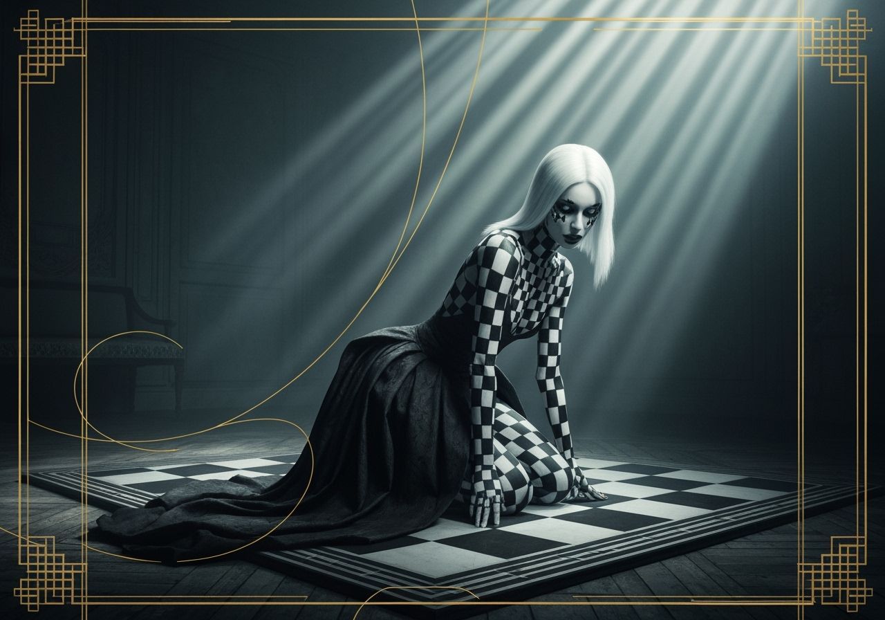 Surreal Model in Avant-Garde Gown on Chessboard