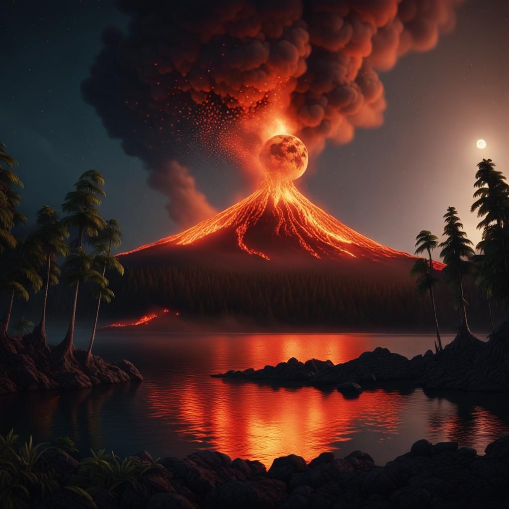Volcanic Eruption at Night Under Full Moon